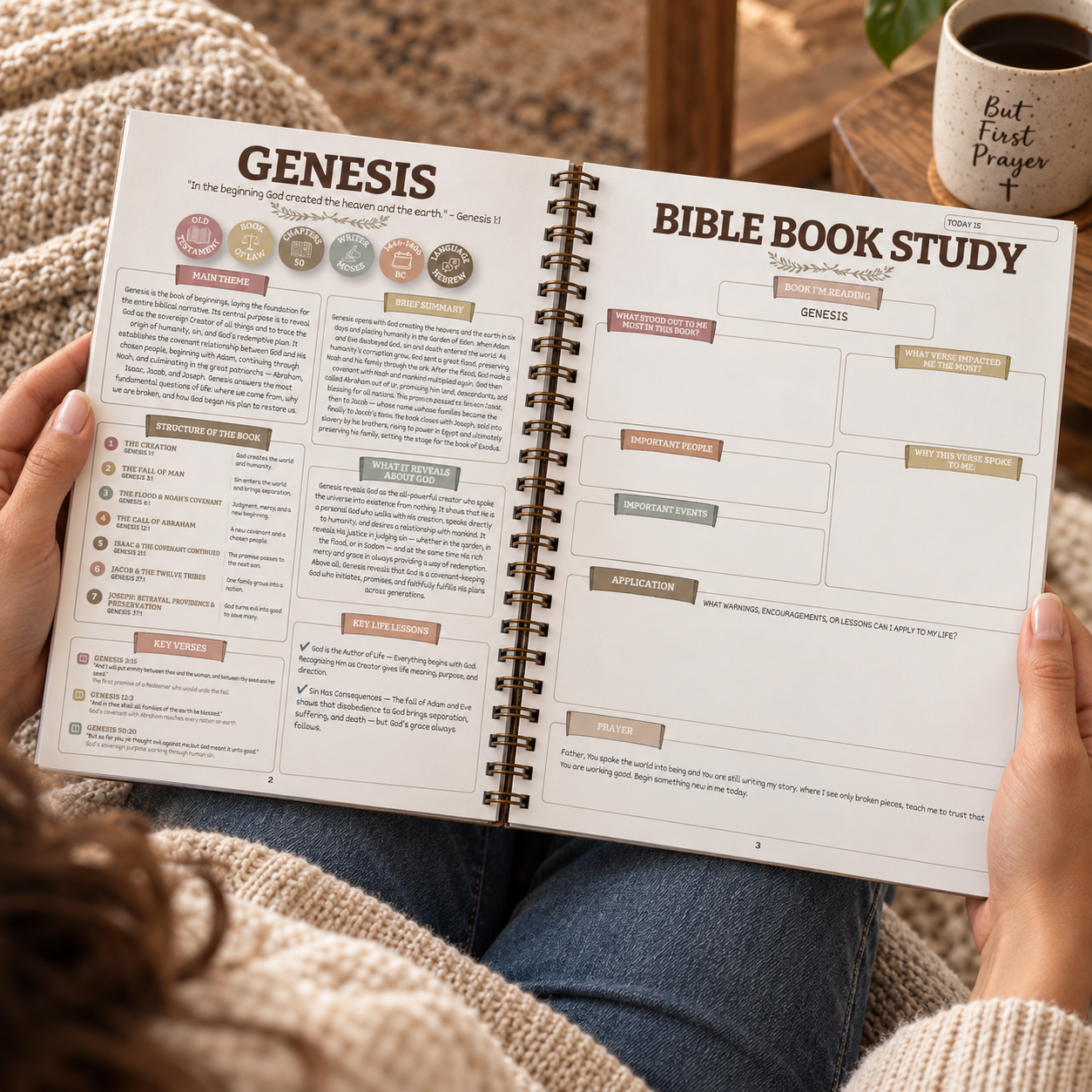 A woman in a cozy sweater with the Genesis to Revelation journal open to Genesis on her lap